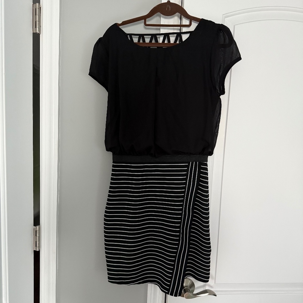 Black dress with white striped pencil skirt